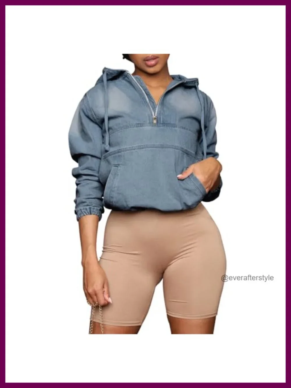 Women's Half Zip Denim Hoodie Pullover Jacket Cotton Blend Lightweight